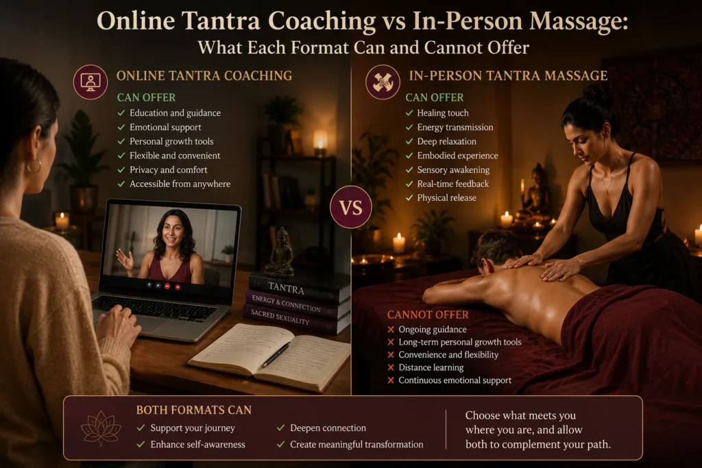 Online Tantra Coaching vs In-Person Massage: What Each Format Can and Cannot Offer.