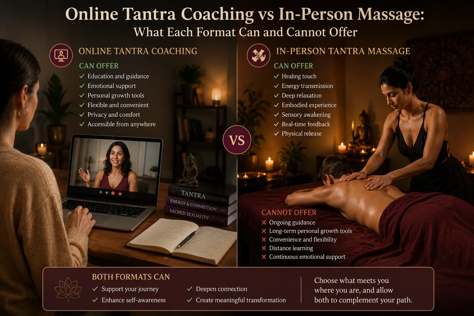 Online Tantra Coaching vs In-Person Massage: What Each Format Can and Cannot Offer.